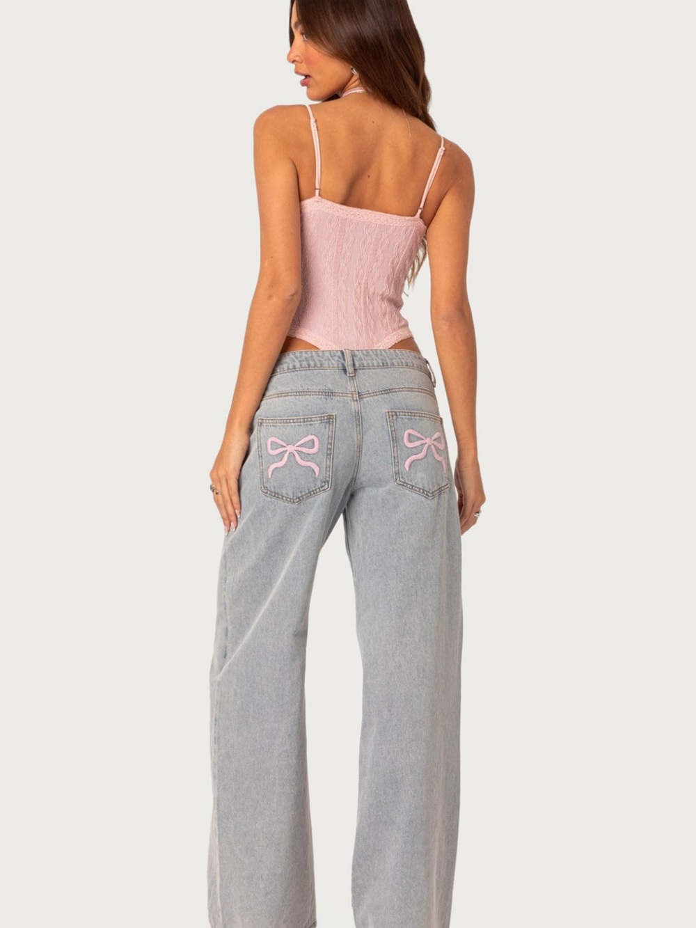 Edikted Light Wash Wide Leg Jeans with Pink Bow Pocket Embroidery